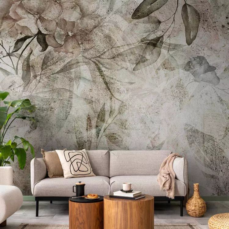 Wall Mural Beautiful Background - Motif of Flowers on an Old Surface in Patina Colors