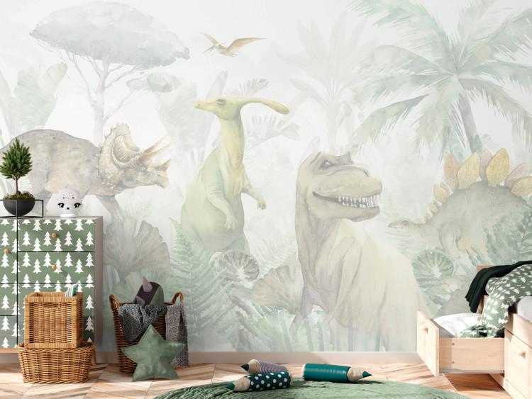 Wall Mural Dinosaurs - Pastel Watercolor Reptiles in a Prehistoric Jungle