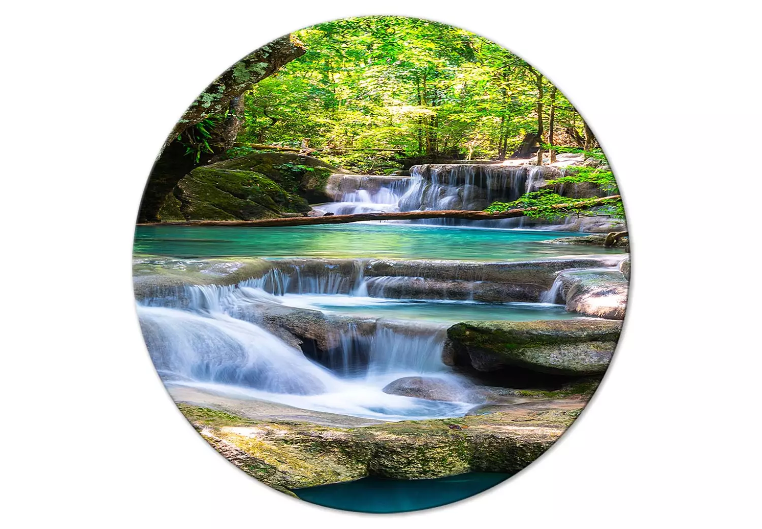 Round Canvas Celadon Waterfalls - Rushing River Among Dense Trees