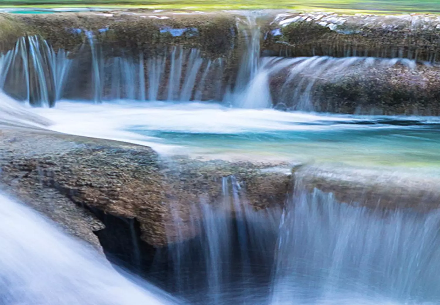 Round Canvas Celadon Waterfalls - Rushing River Among Dense Trees