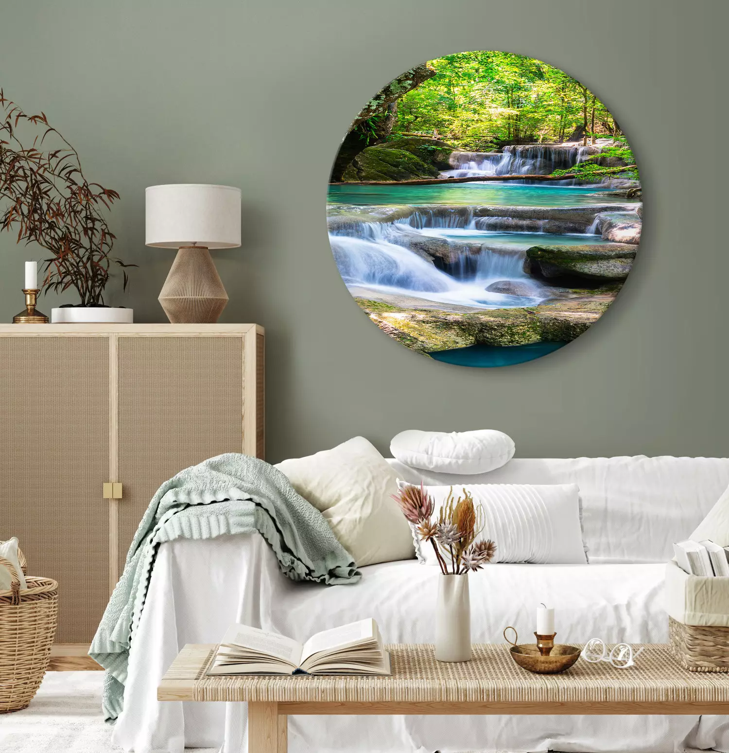 Round Canvas Celadon Waterfalls - Rushing River Among Dense Trees