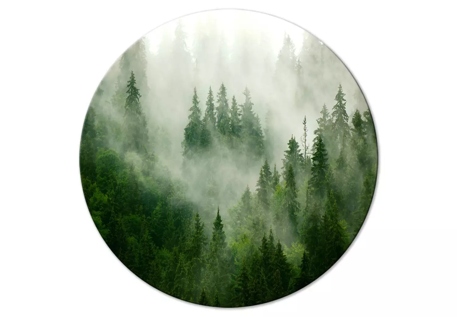Round Canvas Foggy Forest - Landscape With Trees Among High Mountains