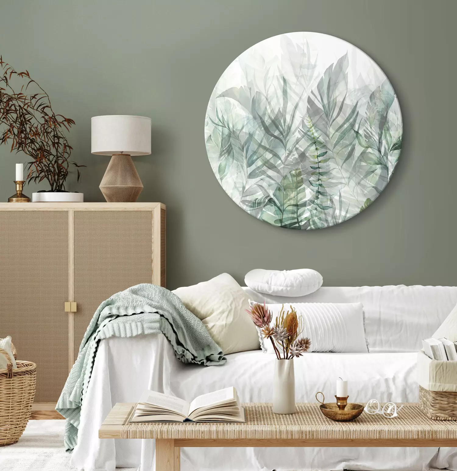 Round Canvas Penetration of Leaves - Landscape With Green Plants in the Morning
