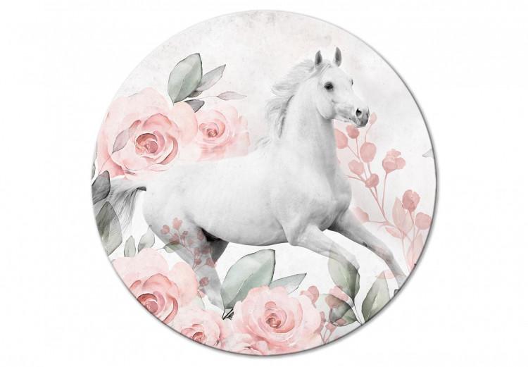 Round Canvas Print White Horse - Mount Galloping Among Pink Roses