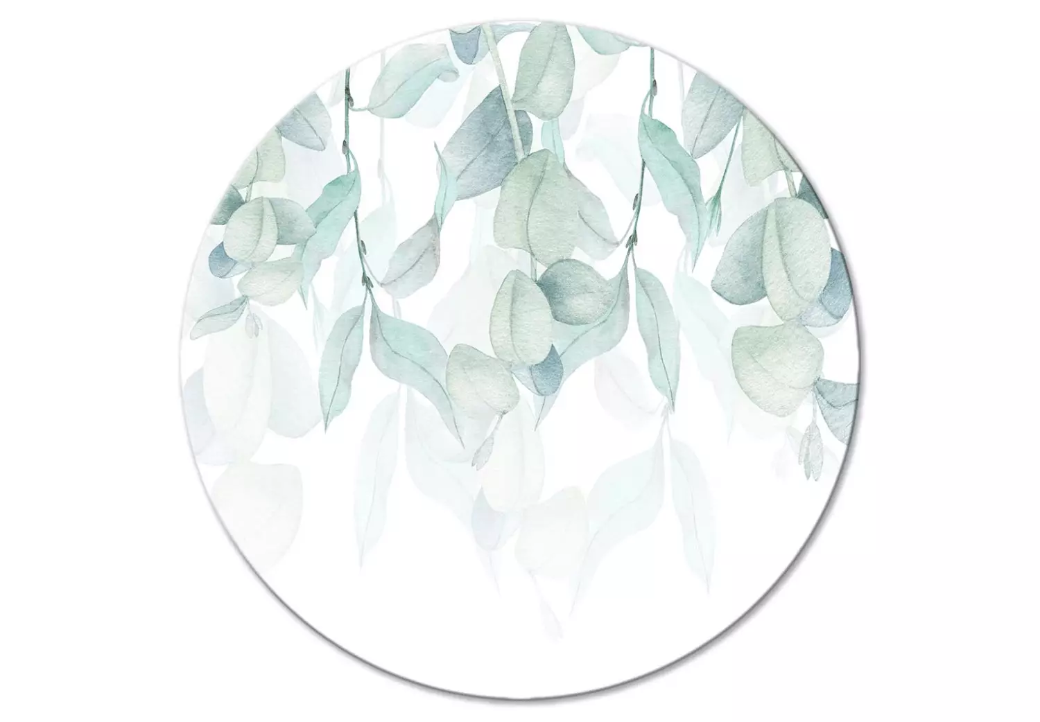 Round Canvas Vegetation - Delicate Green-Blue Leaves on a White Background