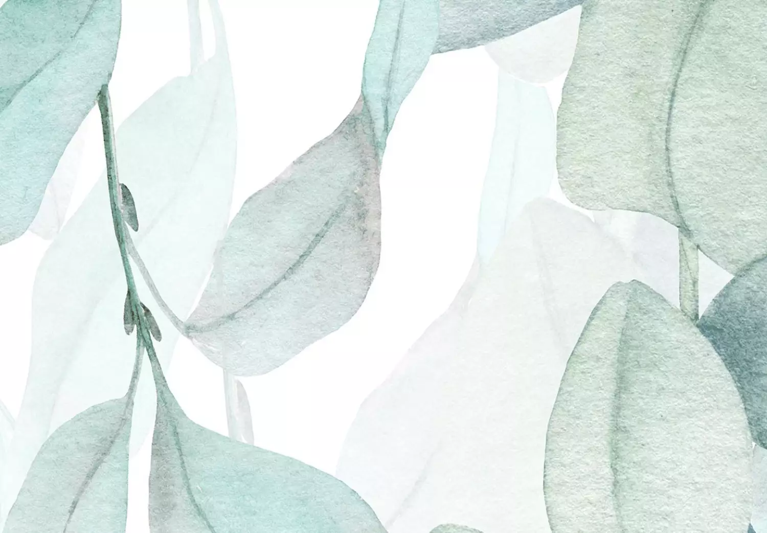Round Canvas Vegetation - Delicate Green-Blue Leaves on a White Background