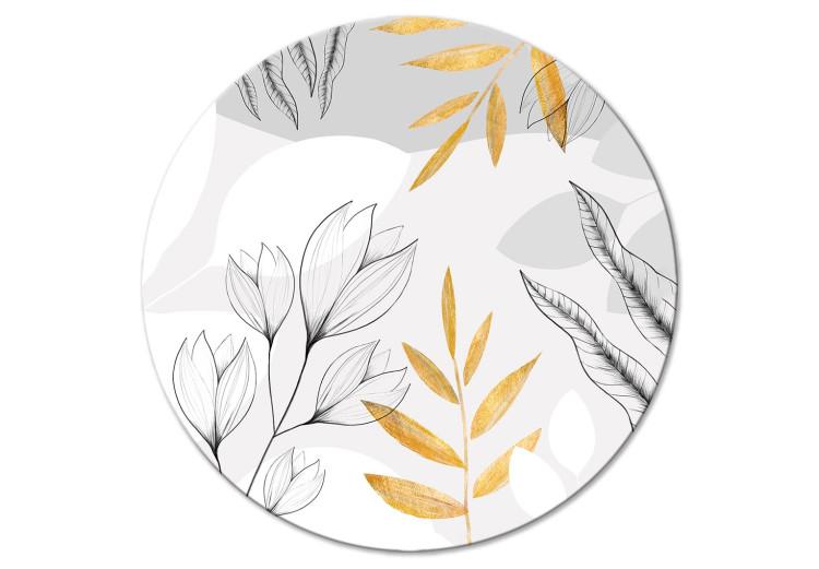 Round Canvas Print Graphic Flowers - Drawn Plants With Golden Leaves