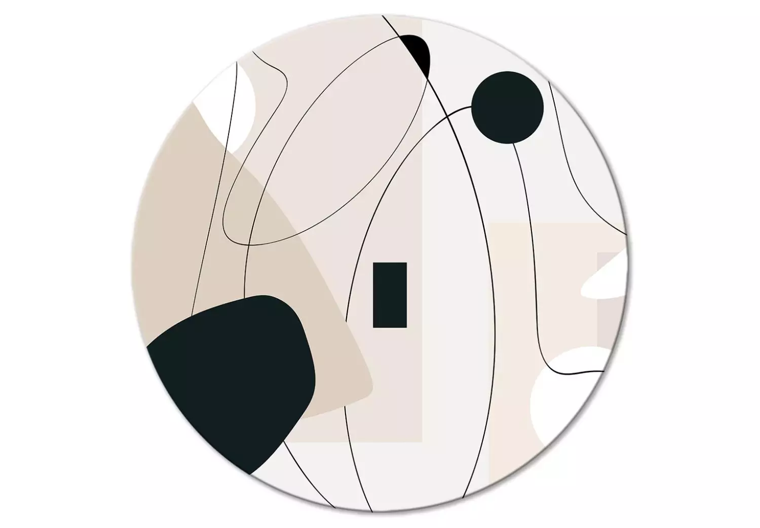 Round Canvas Abstraction - Black Shapes on a Beige Background Connected by Lines