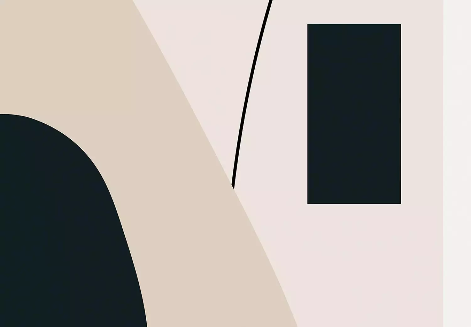 Round Canvas Abstraction - Black Shapes on a Beige Background Connected by Lines