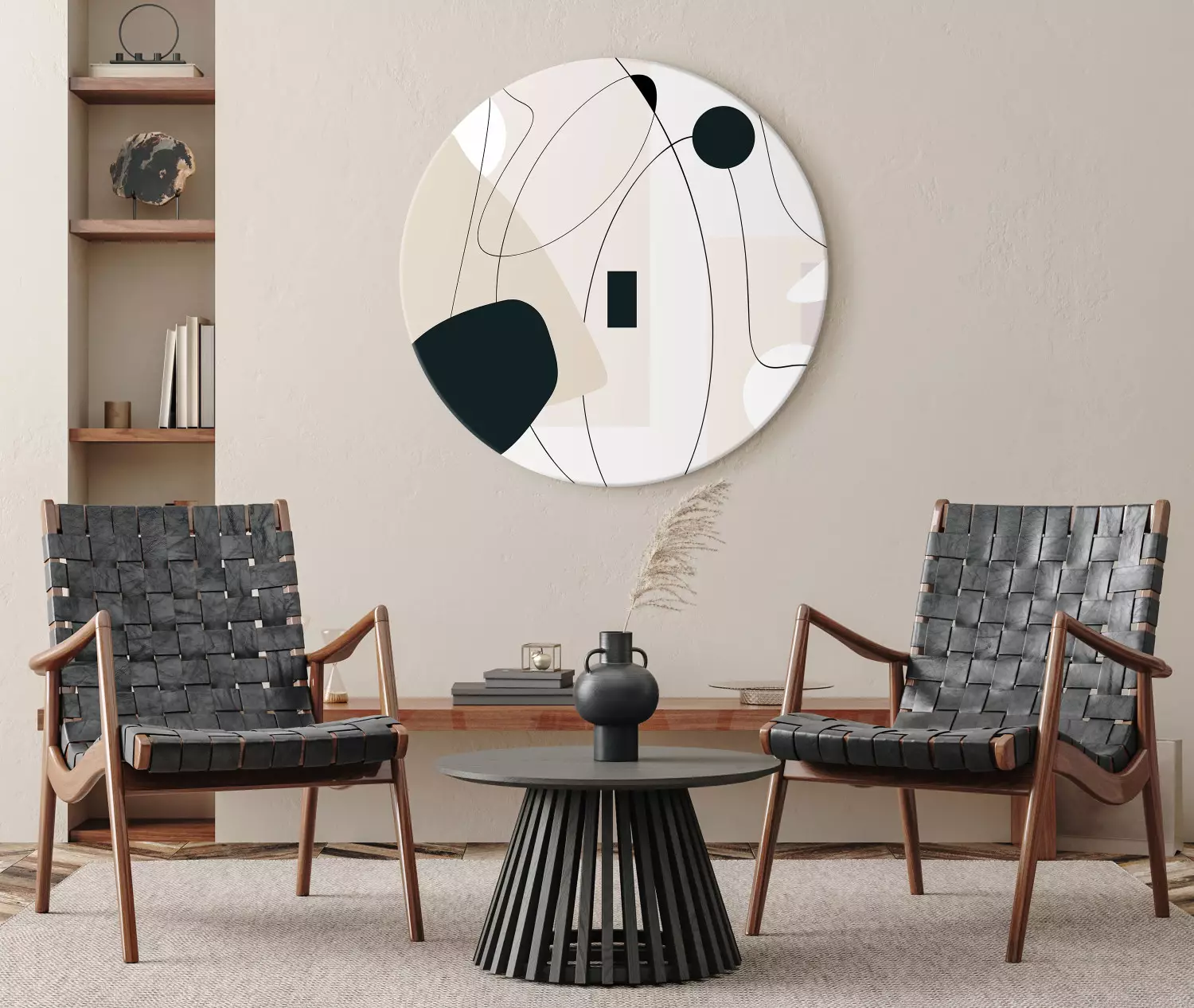 Round Canvas Abstraction - Black Shapes on a Beige Background Connected by Lines