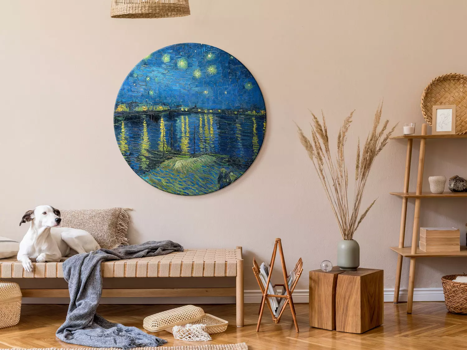 Round Canvas Vincent Van Gogh - Starry Night Over the Rhone - A Boat Against the Background of the Blue Sky