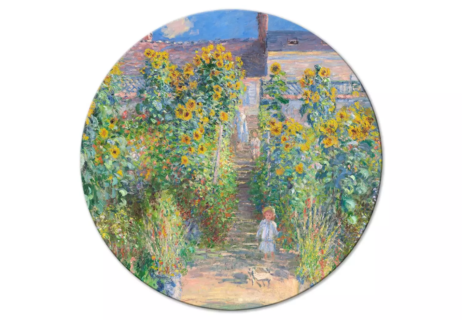 Round Canvas Claude Monet’s Garden at Vétheuil - Farmhouse With Sunflowers