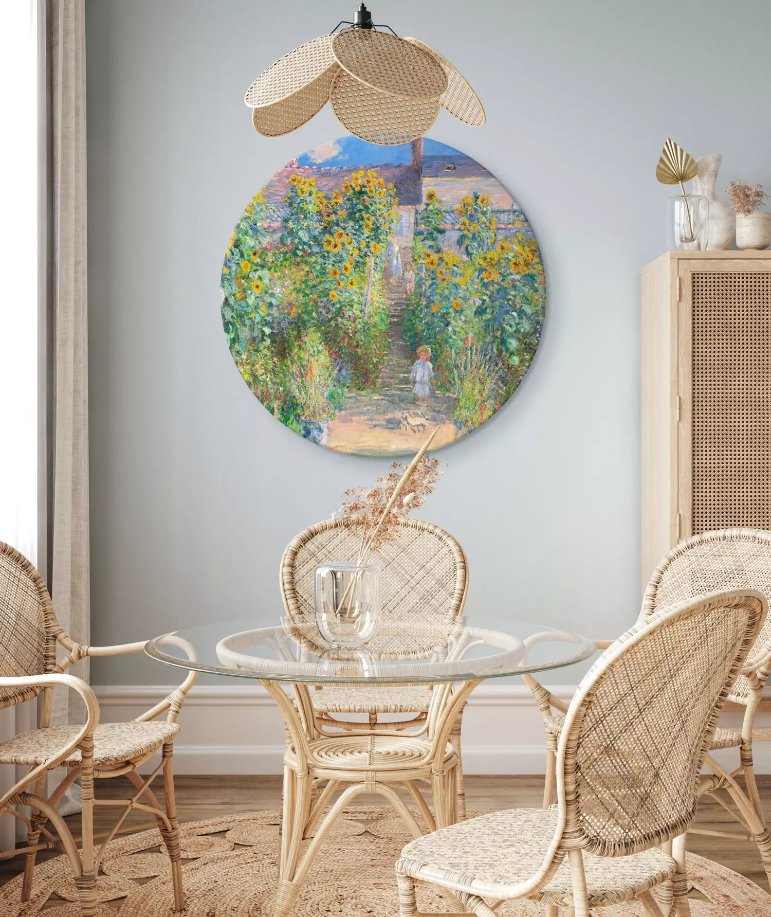 Round Canvas Claude Monet’s Garden at Vétheuil - Farmhouse With Sunflowers