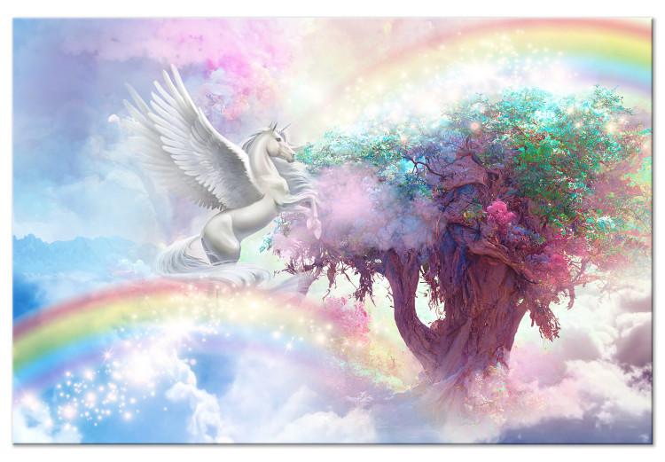 Canvas Unicorn and Magic Tree - Fairy-Tale and Rainbow Land in the Clouds