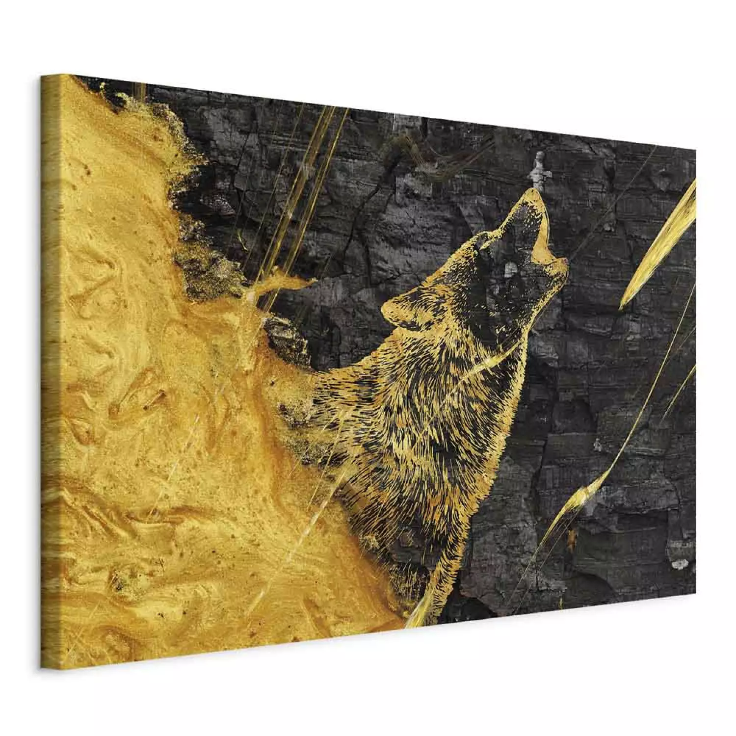 Canvas Howling Wolf - Shining Golden Animal on a Black Coal Background