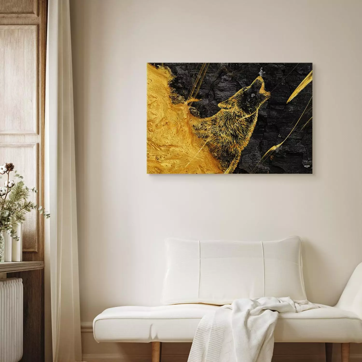 Canvas Howling Wolf - Shining Golden Animal on a Black Coal Background