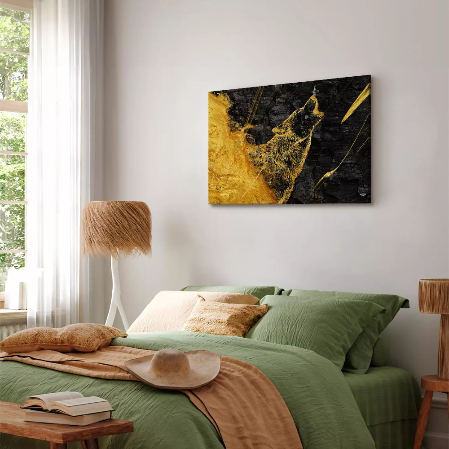 Canvas Howling Wolf - Shining Golden Animal on a Black Coal Background