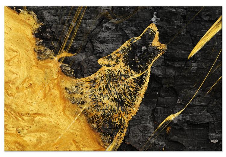 Canvas Howling Wolf - Shining Golden Animal on a Black Coal Background