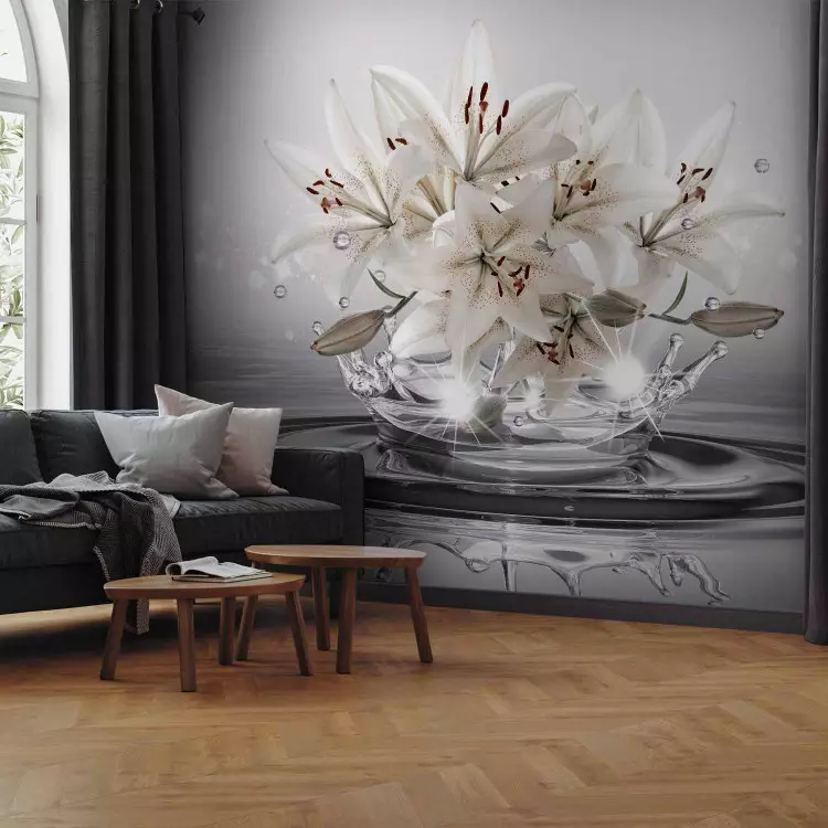 Lilies - Bright Cream Flowers on a Decorative White Background in the Water