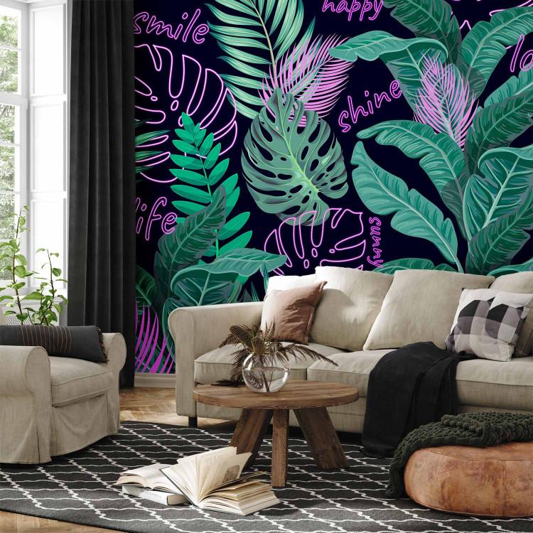 Wall Mural Neon Jungle - Leaves and Inscriptions in Bright Colors of Pink and Green