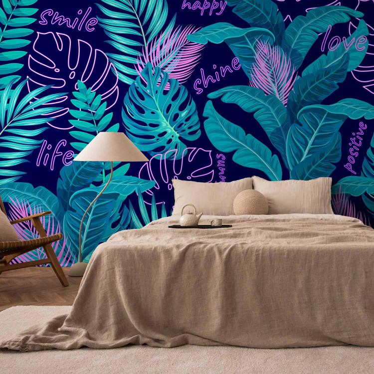 Wall Mural Neon Jungle - Leaves and Inscriptions in Bright and Vivid Colors