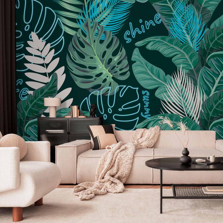 Wall Mural Neon Jungle - Leaves and Inscriptions in Bright Greens and Blues