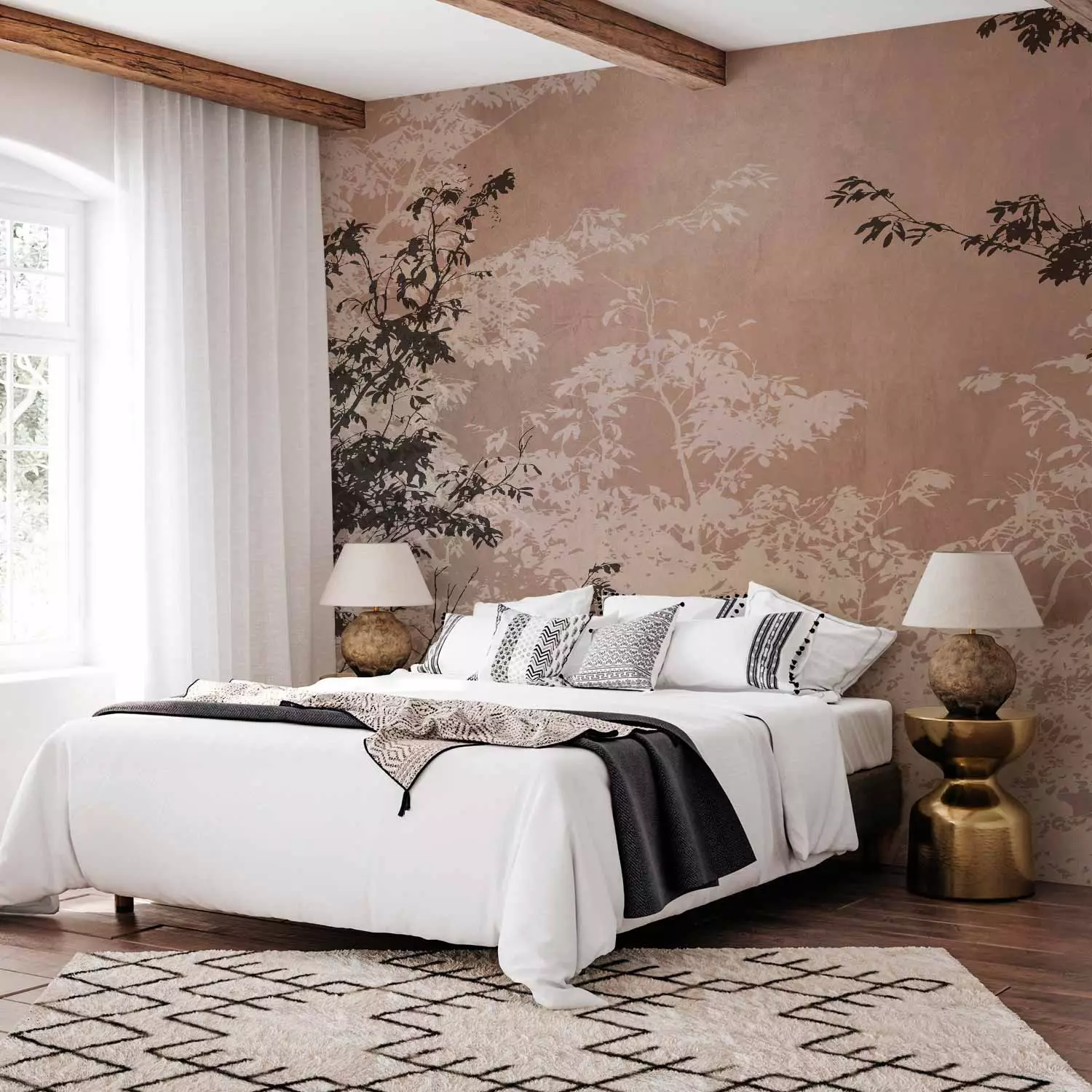 Wall Mural Landscape - View of Light and Dark Brown Tree Branches on a Beige Background