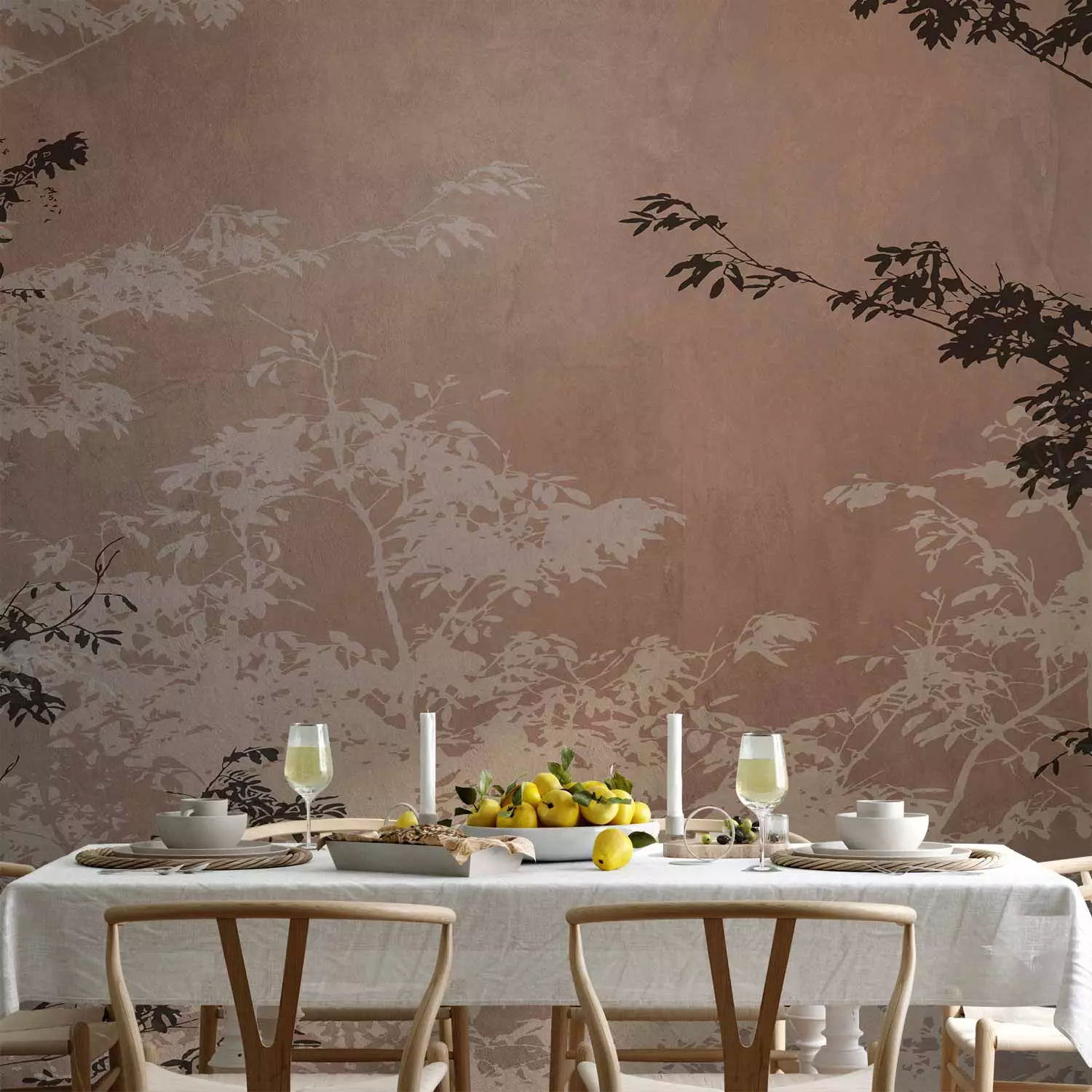 Wall Mural Landscape - View of Light and Dark Brown Tree Branches on a Beige Background