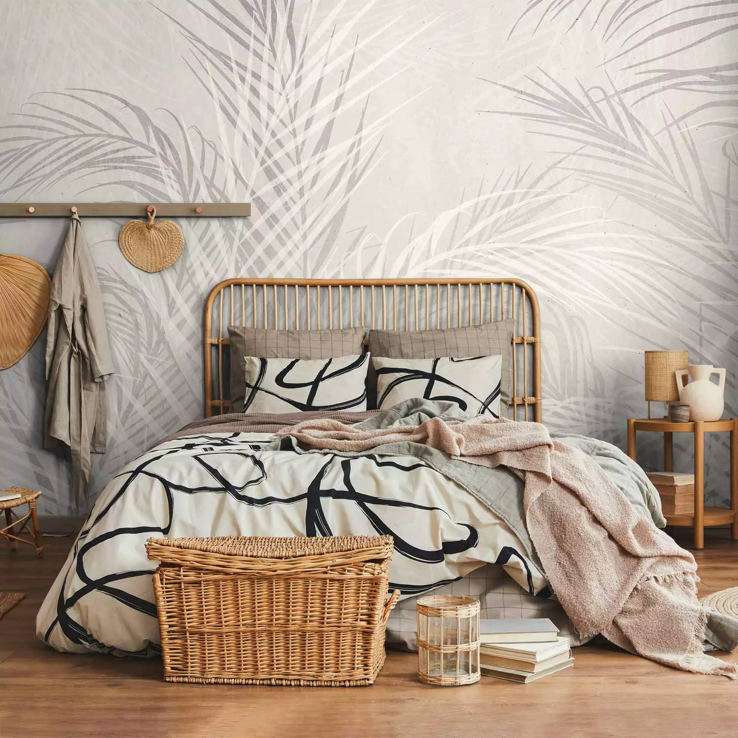 Wall Mural Palm Trees in the Wind - Gray Twigs With Leaves on a Light Background