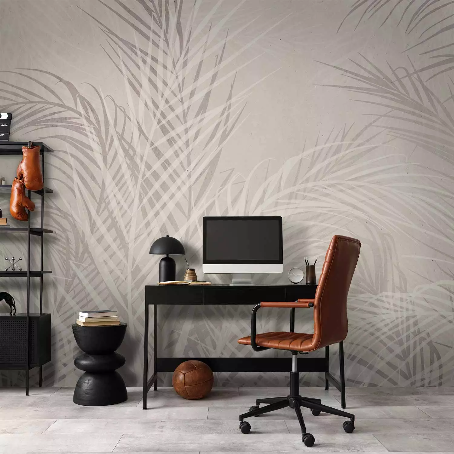 Wall Mural Palm Trees in the Wind - Gray Twigs With Leaves on a Light Background