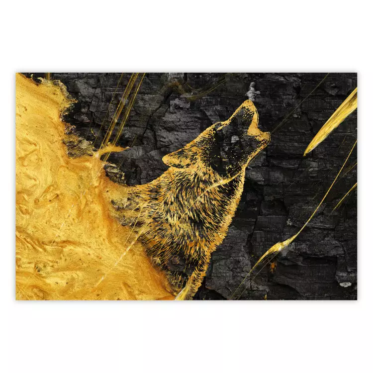 Poster Howling Wolf - Golden Wild Animal on Black Coal Background