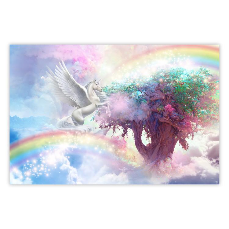 Poster Unicorn and Magic Tree - Fantasy and Rainbow Land in the Clouds