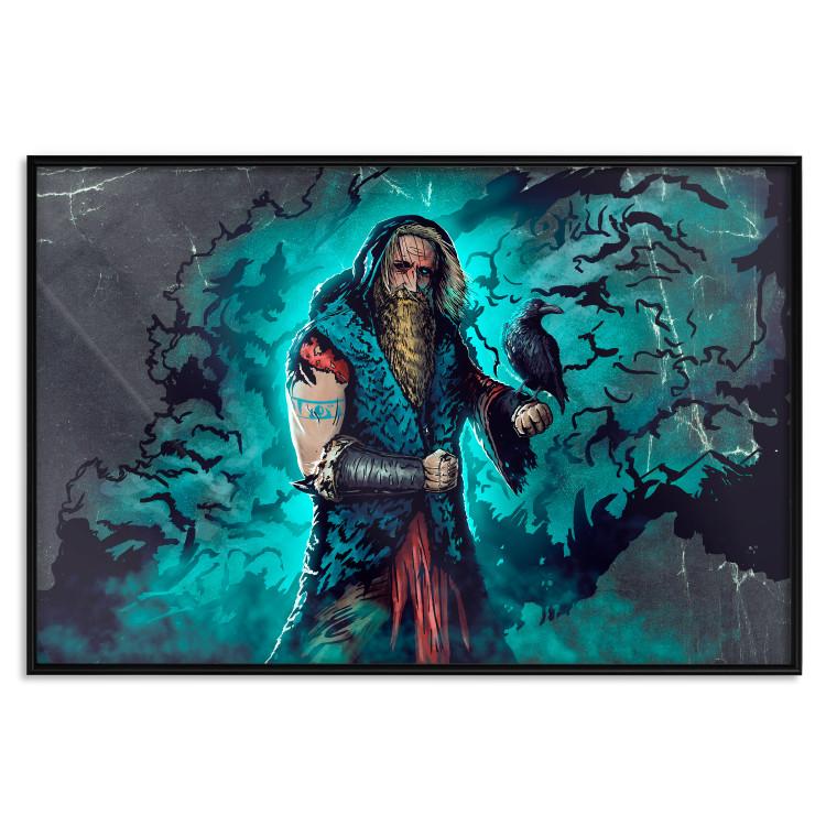 Poster Viking in Comic Style - A Warrior With a Raven on a Dark Background