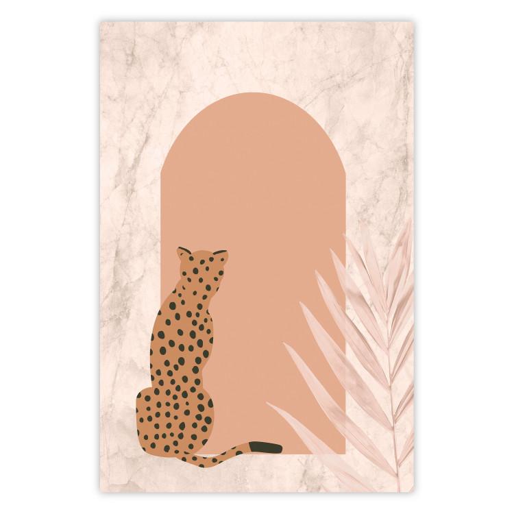 Poster Crouching Cheetah - Predator With a Leaf of an Exotic Plant