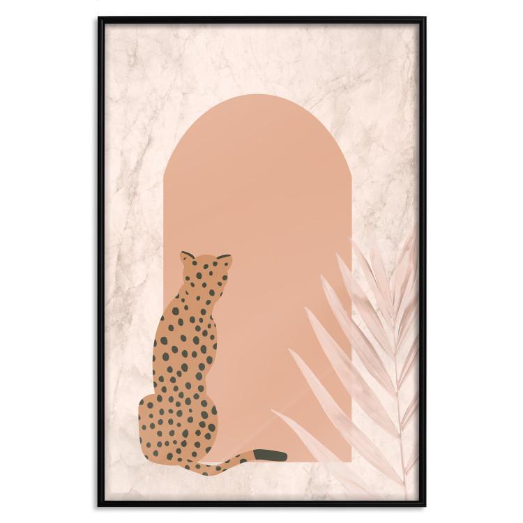 Poster Crouching Cheetah - Predator With a Leaf of an Exotic Plant