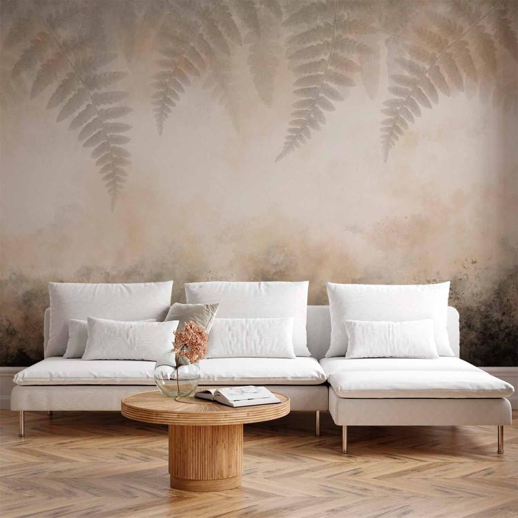 Wall Mural Abstraction and Fern Leaves - Painted Background in Beige Shades