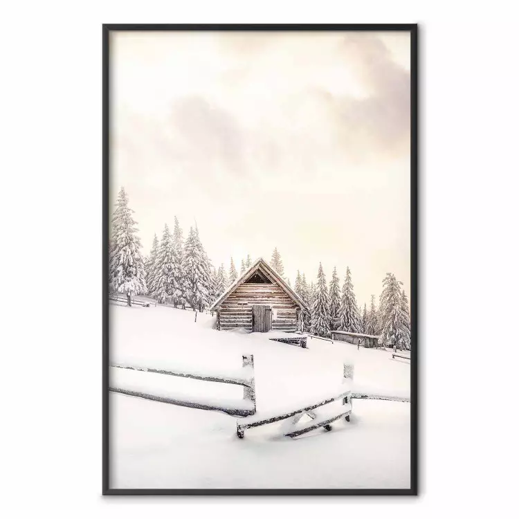 Winter Cottage - Sunrise Landscape Over a Mountain Cottage and a Forest