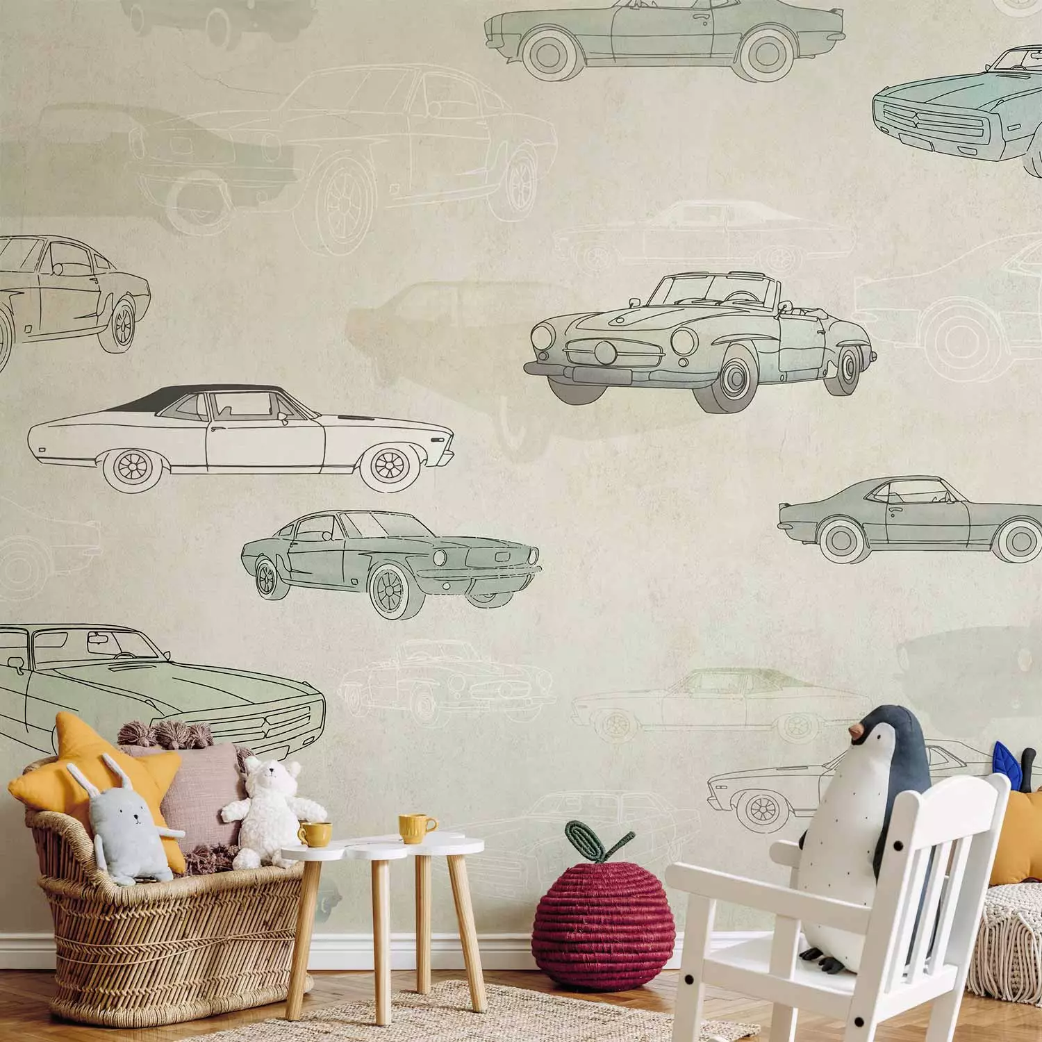 Wall Mural Automotive - Sketches and Drawings of Cars in Subdued Colors