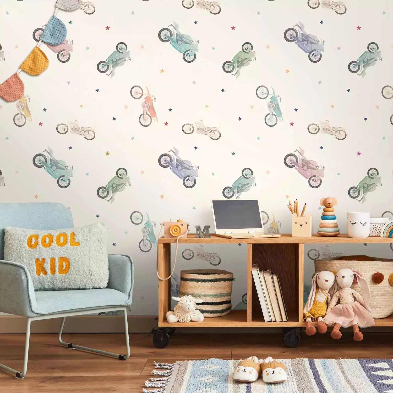 Photo Wallpaper Pastel Motorcycles - Colorful Vehicles and Stars on a Light Background