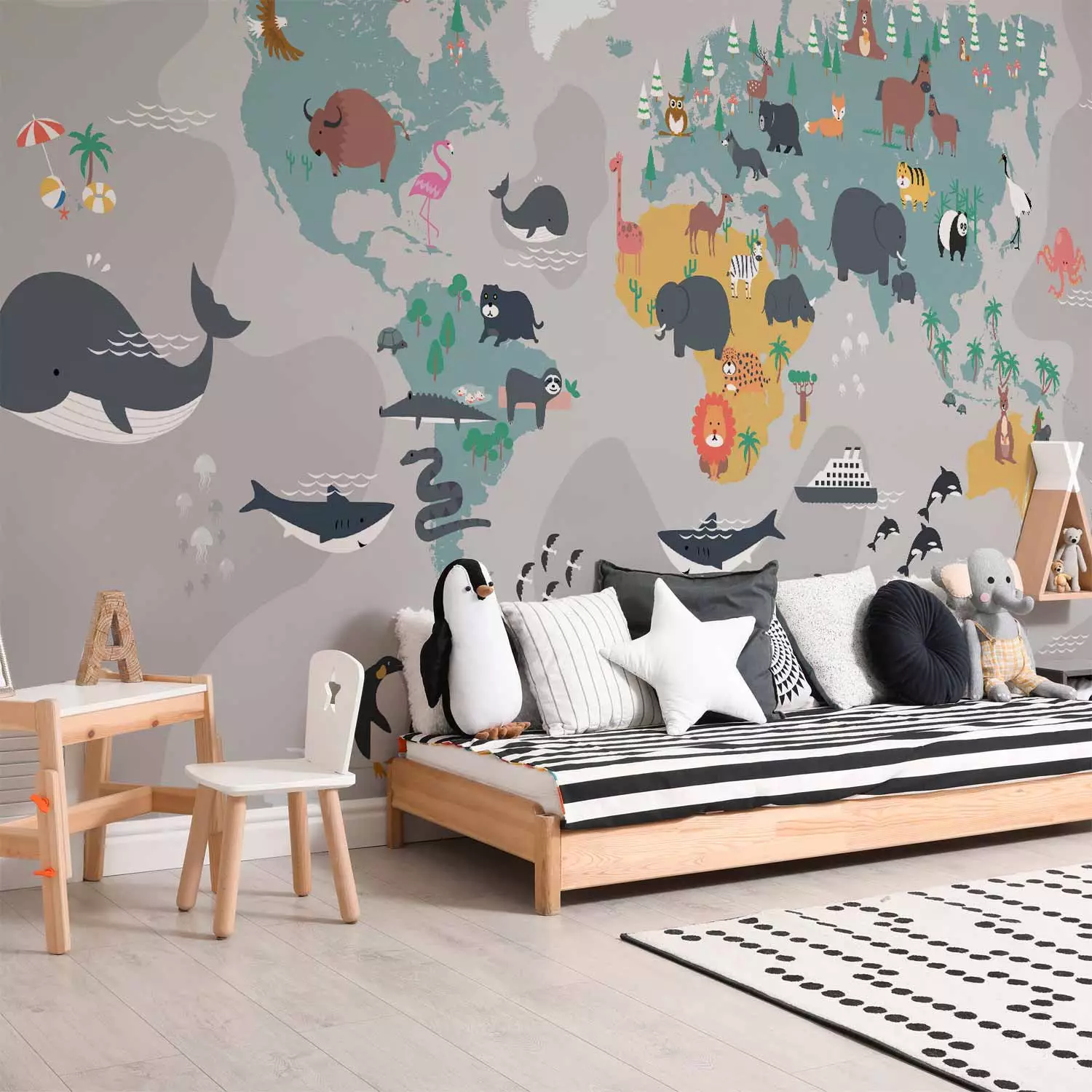 Photo Wallpaper World Map for Kids - Illustrations of Animals and Plants on the Continents