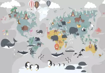 Photo Wallpaper World Map for Kids - Illustrations of Animals and Plants on the Continents Wallpaper Cropper