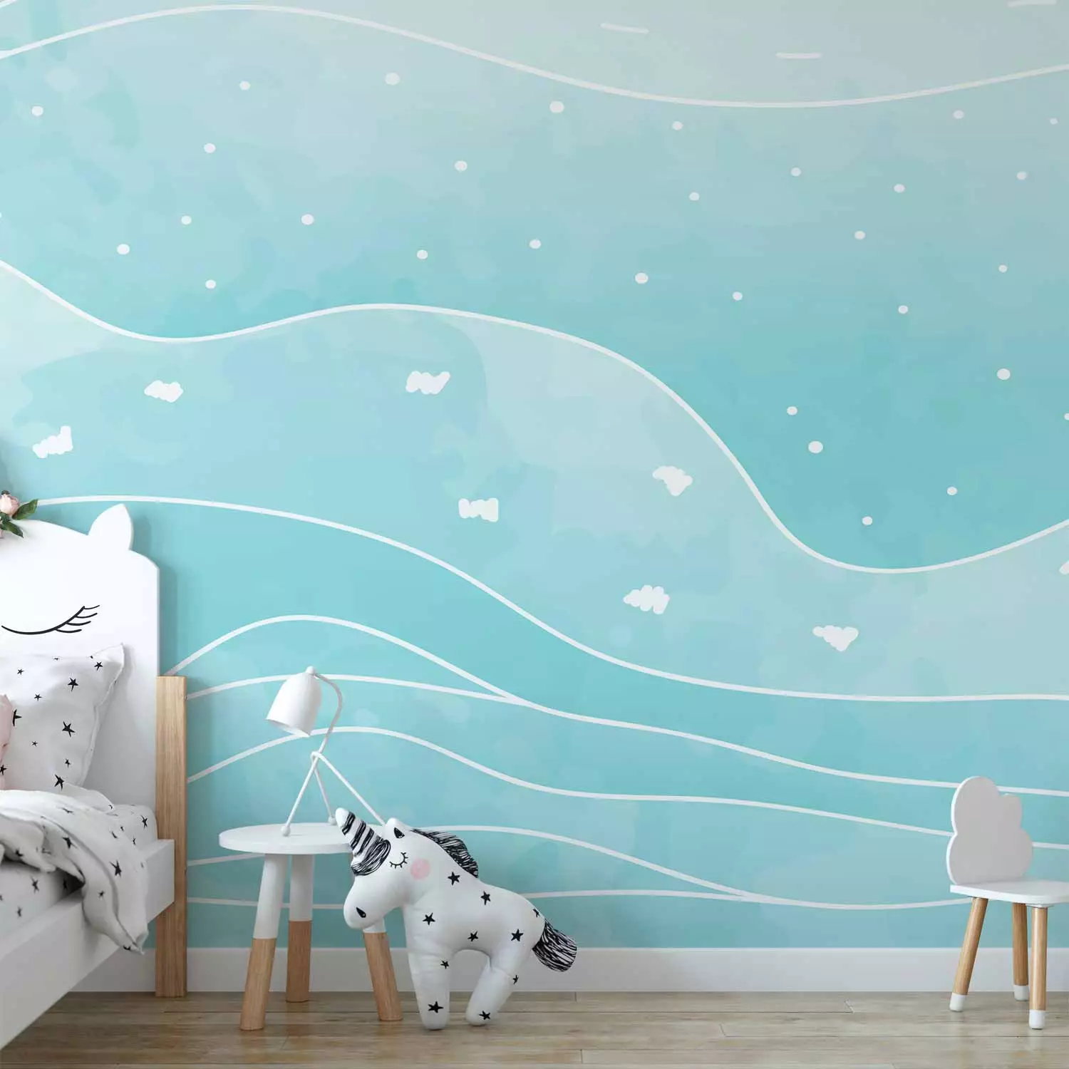 Photo Wallpaper Sea - Children’s Background With Waves in Shades of Pastel Blue
