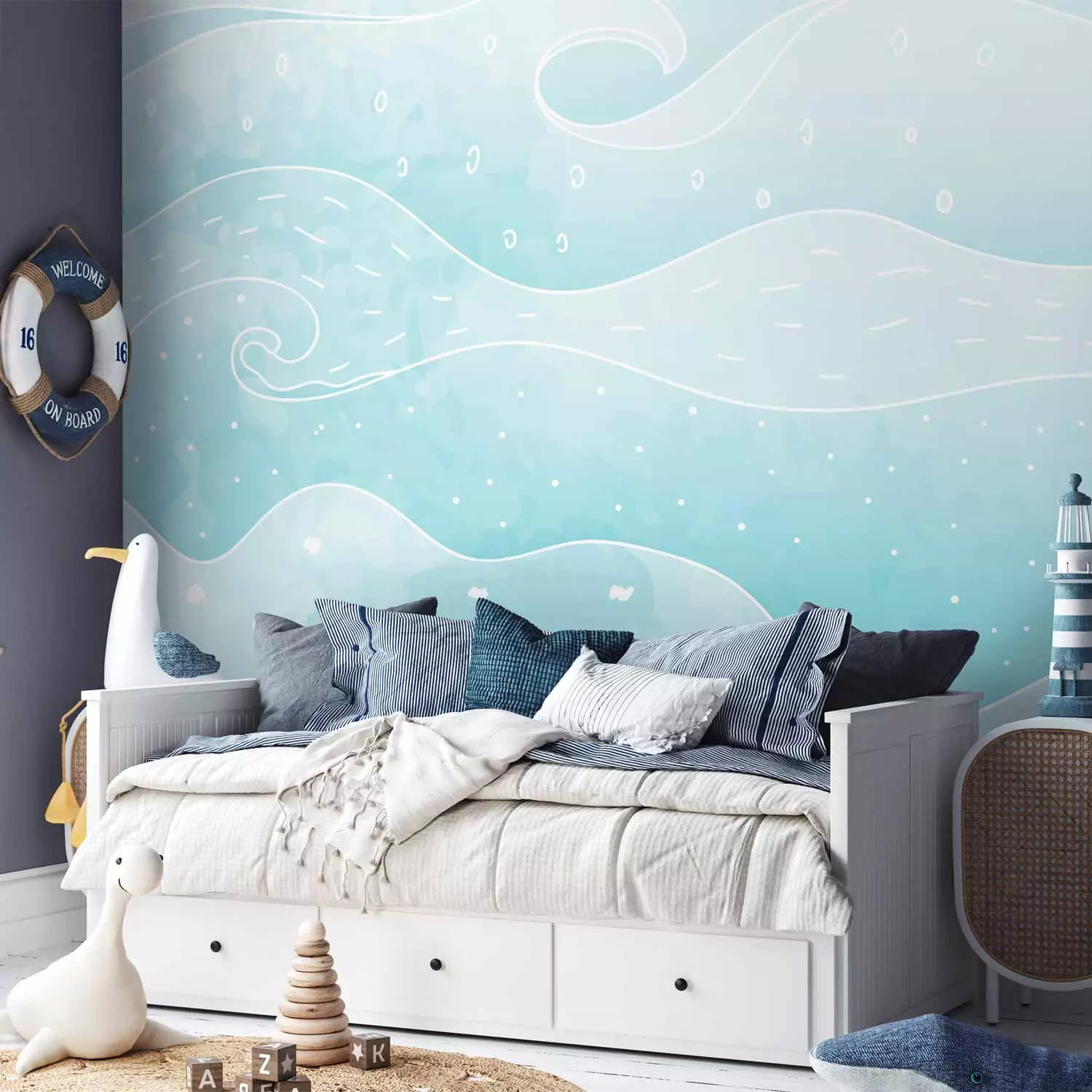 Photo Wallpaper Sea - Children’s Background With Waves in Shades of Pastel Blue