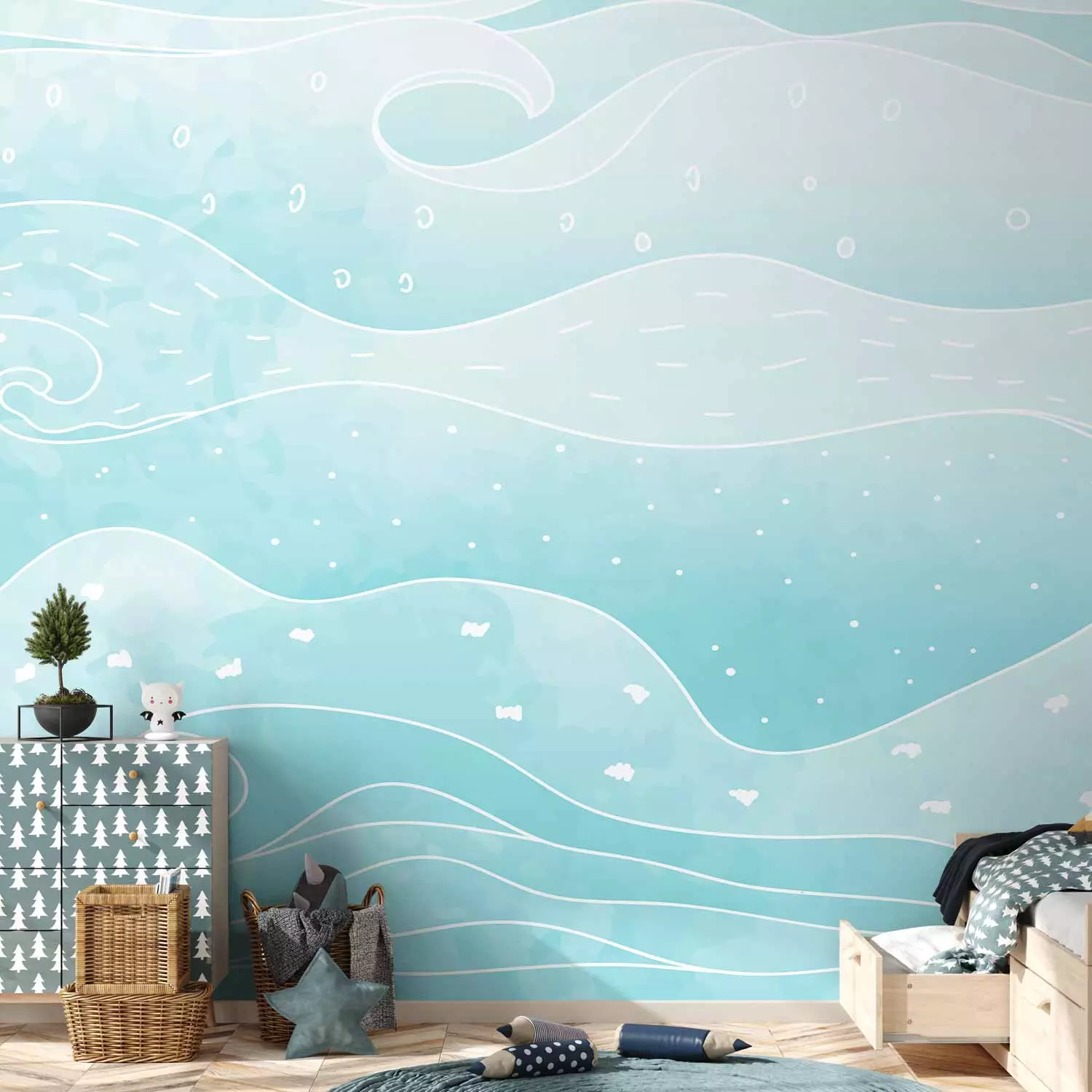 Photo Wallpaper Sea - Children’s Background With Waves in Shades of Pastel Blue