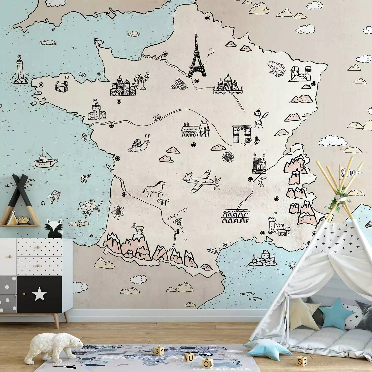 Wall Mural Map of France for Kids - Interesting Places and Tourist Attractions