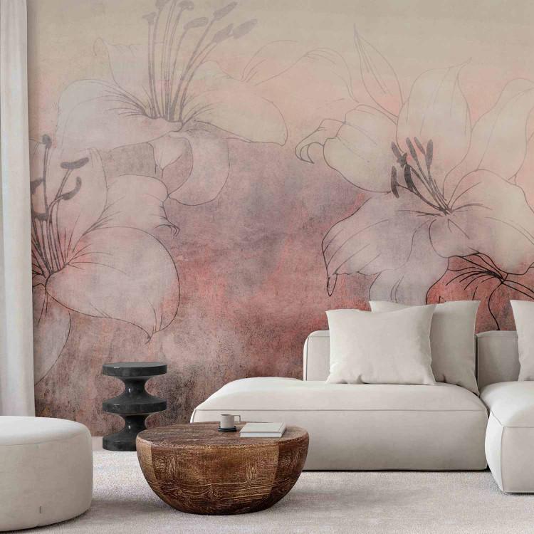 Wall Mural Blooming in the Fog - White Lilies on a Shaded Background - Coral