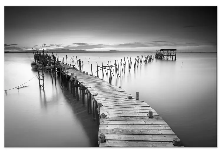 Canvas Bridge Over the Lake - Black and White Landscape at Sunset