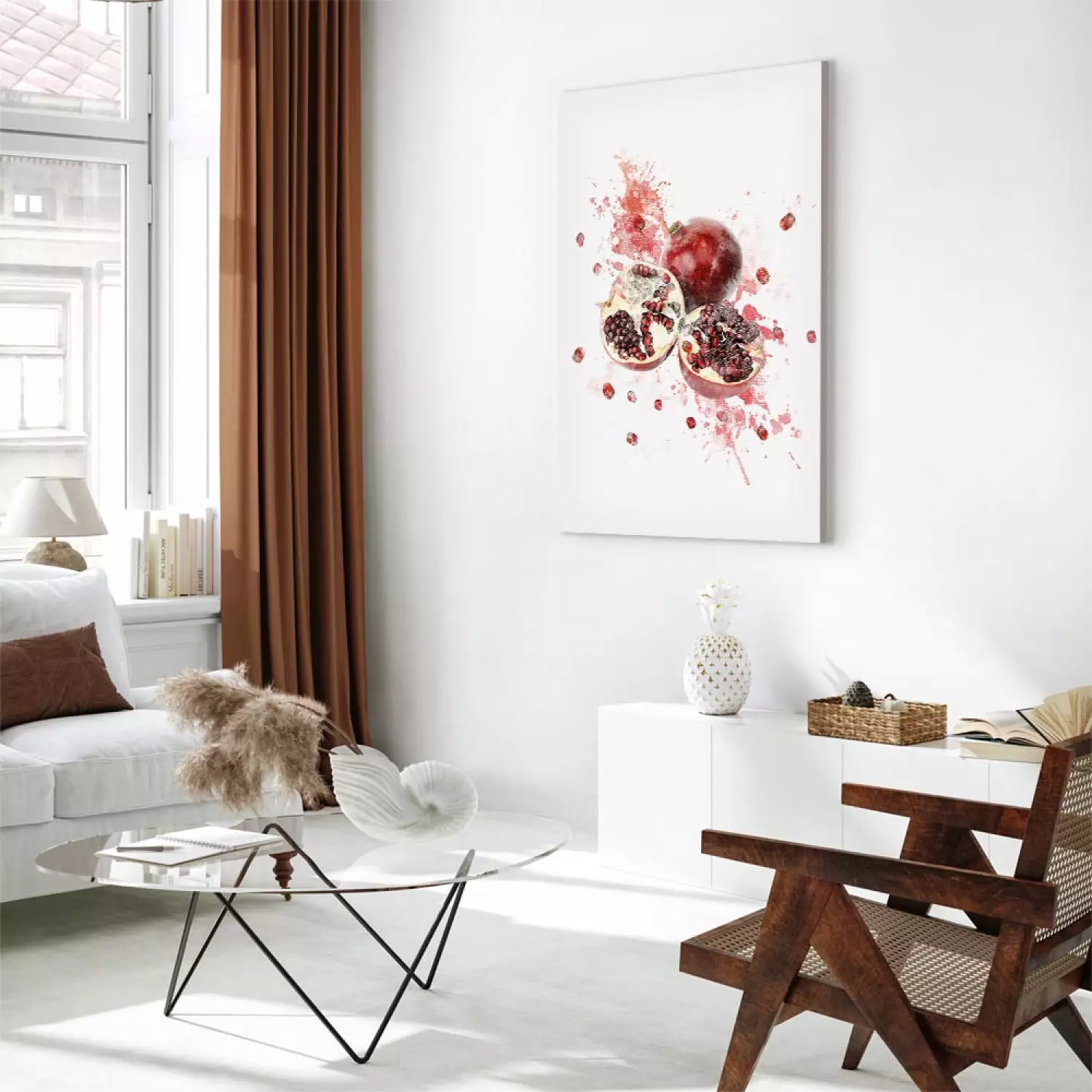 Canvas Art Print Pomegranate - Red Fruits on a Watercolor Stain of Color