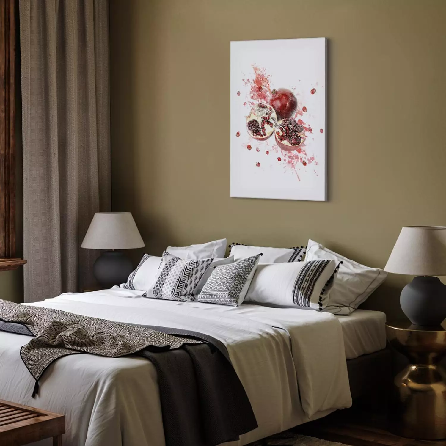 Canvas Art Print Pomegranate - Red Fruits on a Watercolor Stain of Color