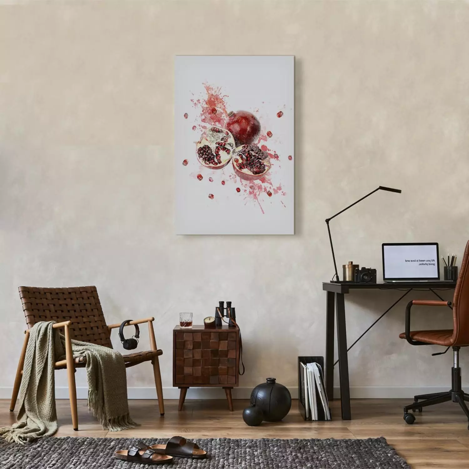 Canvas Art Print Pomegranate - Red Fruits on a Watercolor Stain of Color